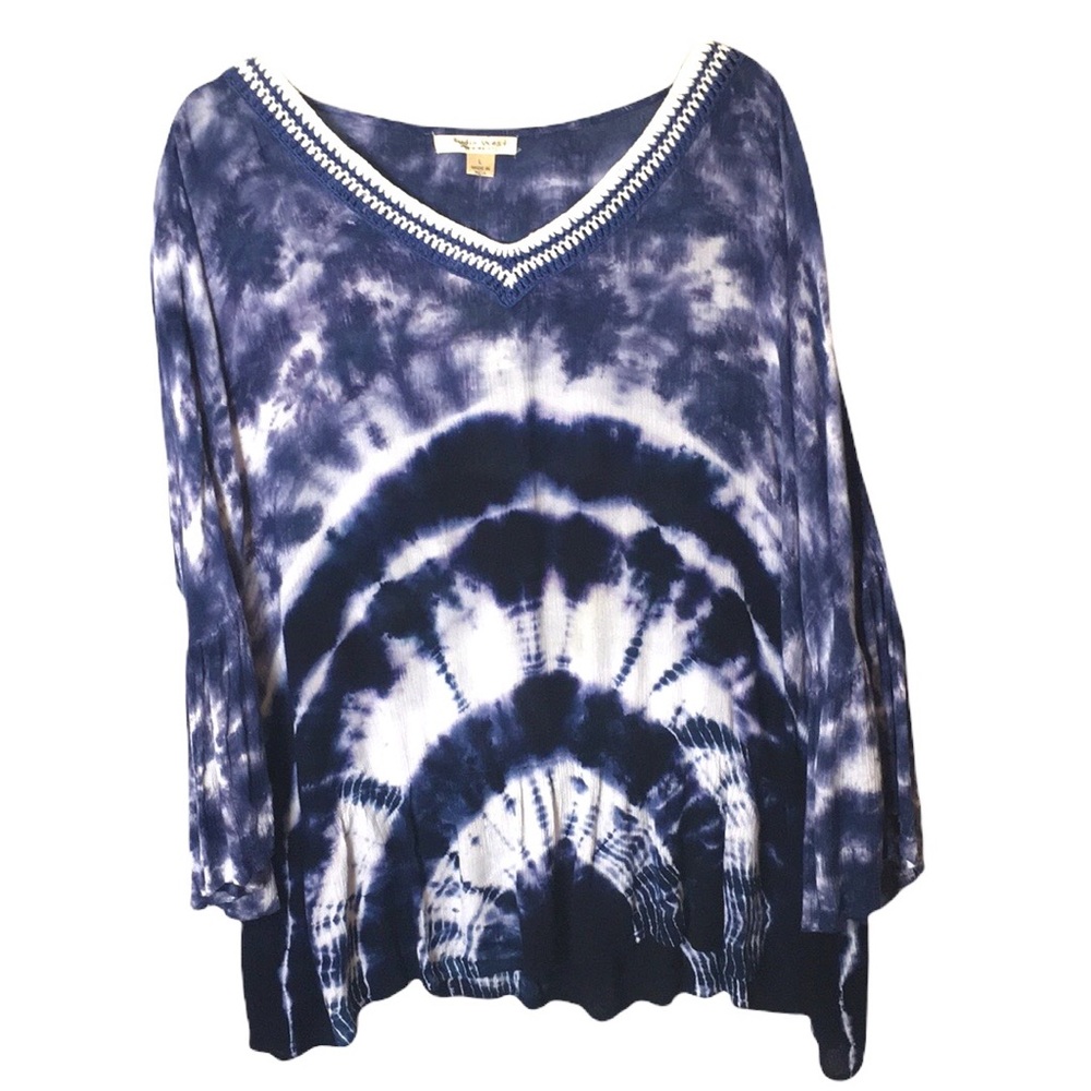 Studio West Crochet Trim Bell Sleeves Tie Die Blouse